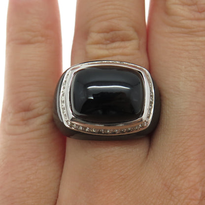 925 Sterling Silver Enamel Real Black Onyx & White Topaz Ring Size 7.25