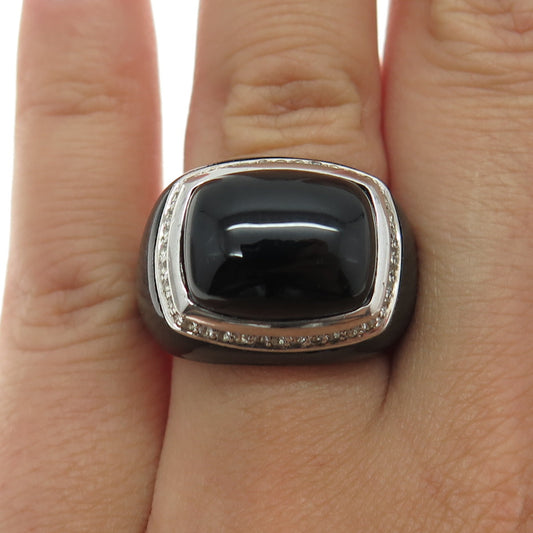 925 Sterling Silver Enamel Real Black Onyx & White Topaz Ring Size 7.25