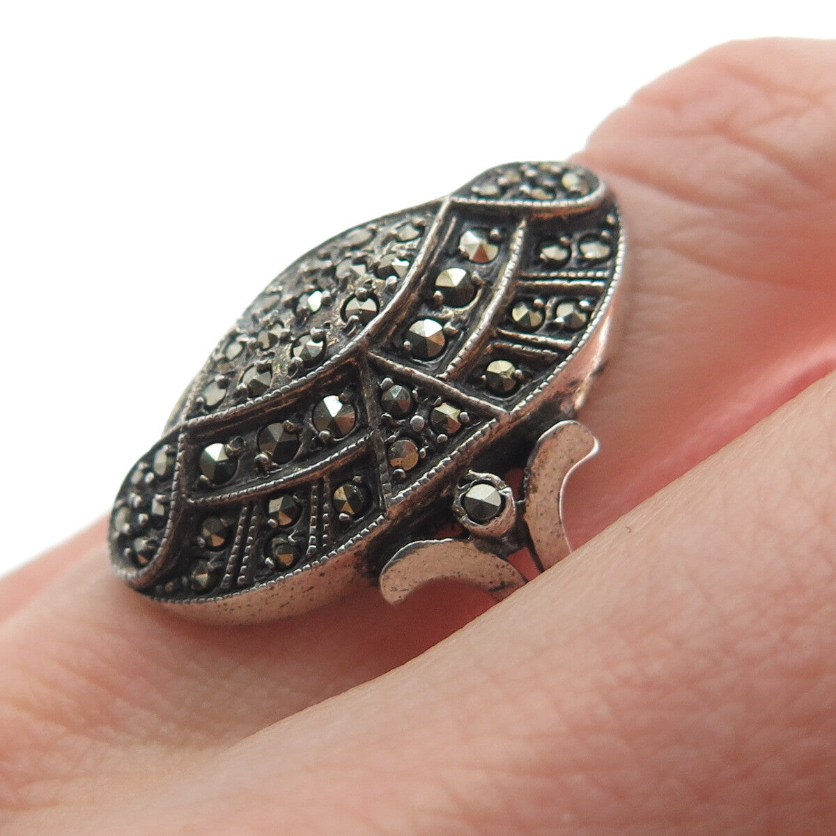 925 Sterling Silver Antique Art Deco Real Marcasite Oxidized Ring Size 7
