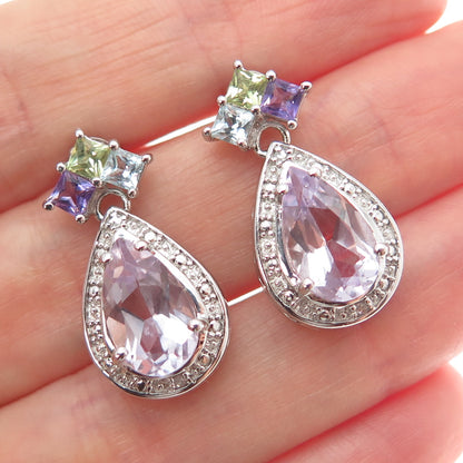 925 Sterling Silver Real Diamond Accent Blue Topaz Peridot & Amethyst Earrings