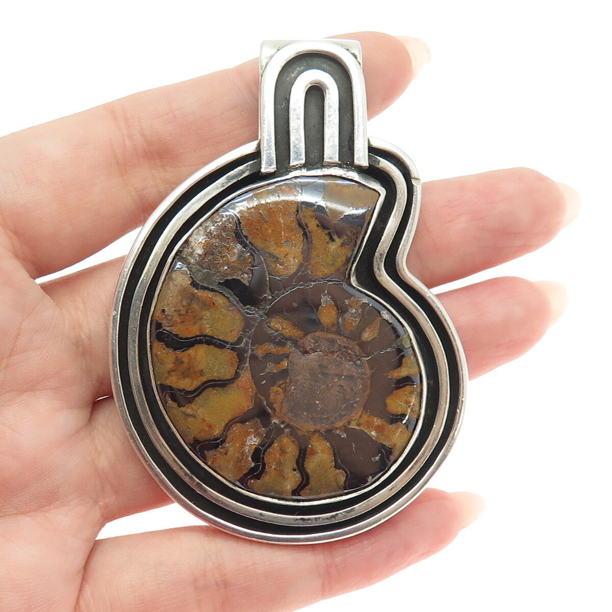 925 Sterling Silver Vintage Real Ammolite Fossil Tribal Amulet Pendant