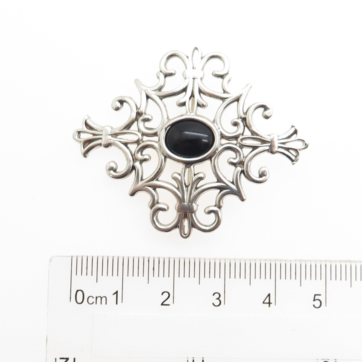 925 Sterling Silver Vintage Real Black Onyx Fleur de Lis Cross Pin Brooch
