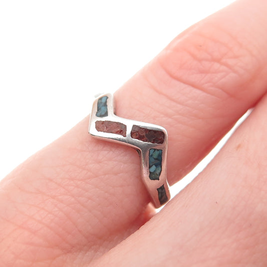 Old Pawn 925 Sterling Silver Vintage Turquoise Coral Inlay Zig Zag Ring Size 3.5