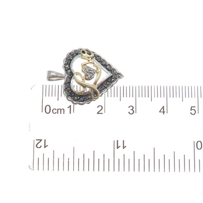 925 Sterling Silver 2-Tone Real Black & White Diamond "Love" Heart Pendant