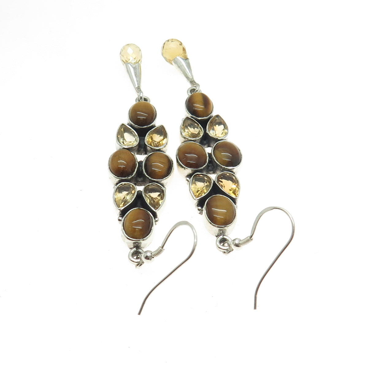 925 Sterling Silver Vintage Real Tiger Eye & Citrine Dangling Earrings