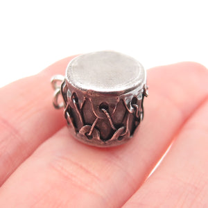 925 Sterling Silver Antique Art Deco Drum Oxidized 3D Mini Charm Pendant
