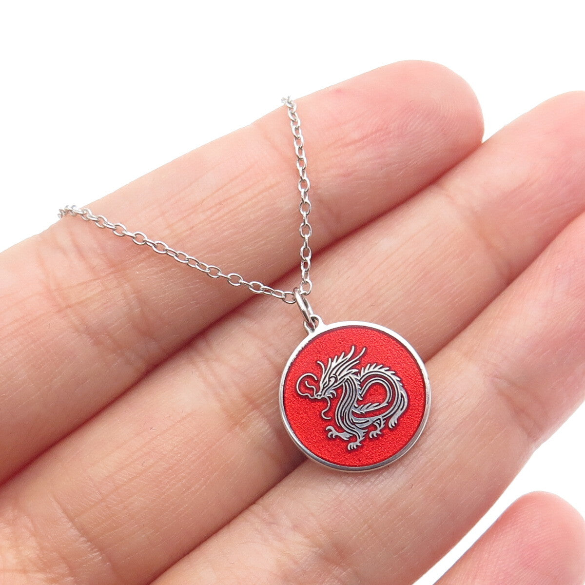 TOKEMOTI 925 Sterling Silver Red Enamel Chinese Dragon Cable Chain Necklace 18"