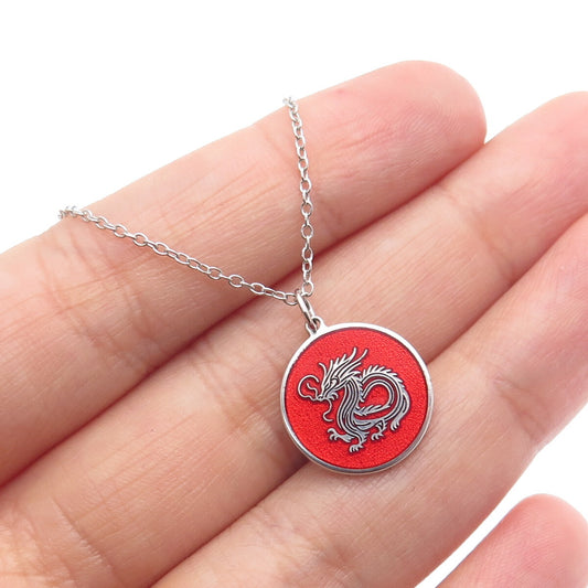 TOKEMOTI 925 Sterling Silver Red Enamel Chinese Dragon Cable Chain Necklace 18"