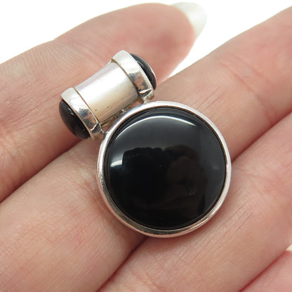 925 Sterling Silver Vintage Real Black Onyx Gemstone & Mother-of-Pearl Pendant