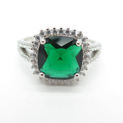 925 Sterling Silver Real Cushion-Cut Chrome Diopside & C Z Ring Size 9.25