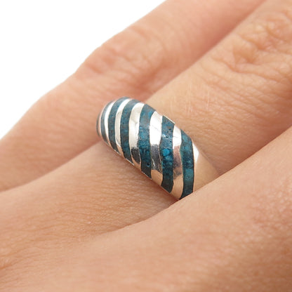 925 Sterling Silver Vintage Mexico Turquoise Inlay Ribbed Band Ring Size 6.5