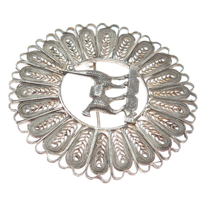925 Sterling Silver Vintage Peruvian Llama Filigree Oxidized Pin Brooch