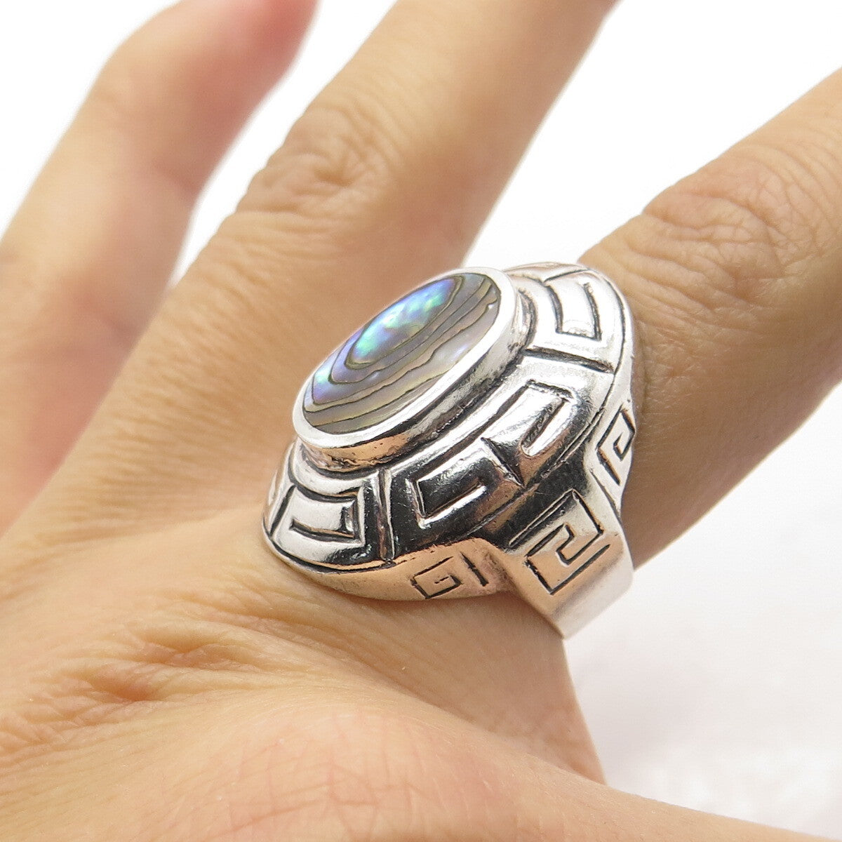 925 Sterling Silver Vintage Real Abalone Shell Greek Maze Ring Size 6.75