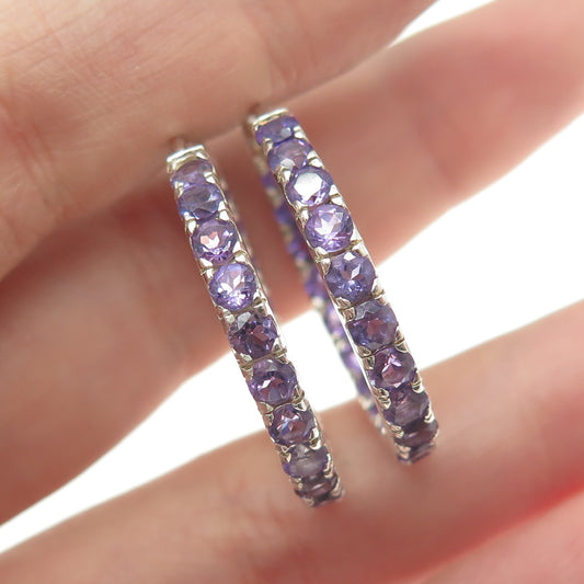 925 Sterling Silver Real Amethyst Gemstone Hinged Hoop Earrings