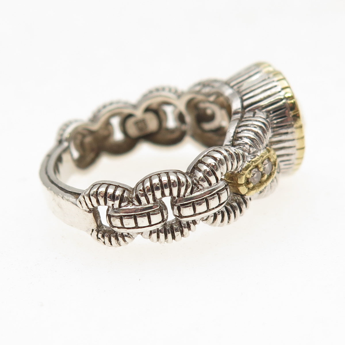 Judith Ripka Sterling Silver 18K Gold Real Diamond & Lemon Quartz Ring Size 7.5