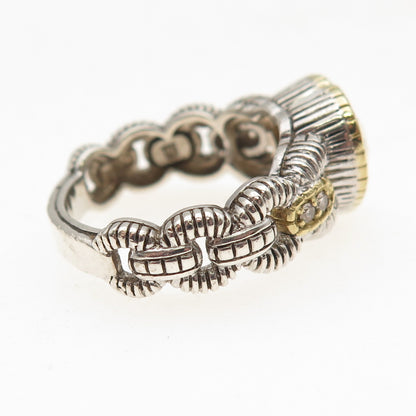 Judith Ripka Sterling Silver 18K Gold Real Diamond & Lemon Quartz Ring Size 7.5