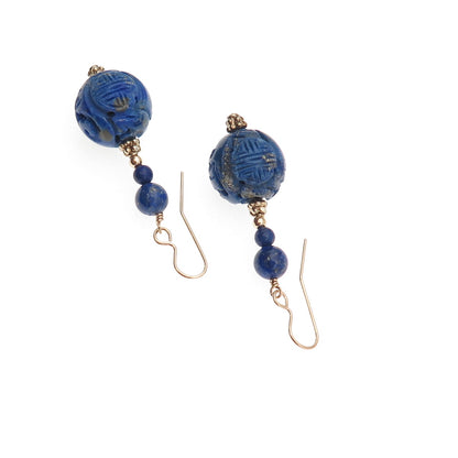 1/20 14K Gold Filled Vintage Real Lapis Carved Ball Beaded Dangle Earrings
