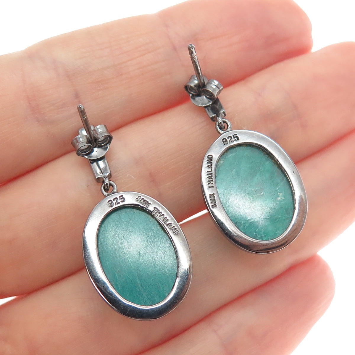 925 Sterling Silver Black Rhodium Real Oval-Cut Emerald Dangle Earrings
