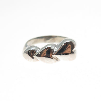 925 Sterling Silver Vintage Graduated Triple Puffy Heart Ring Size 8