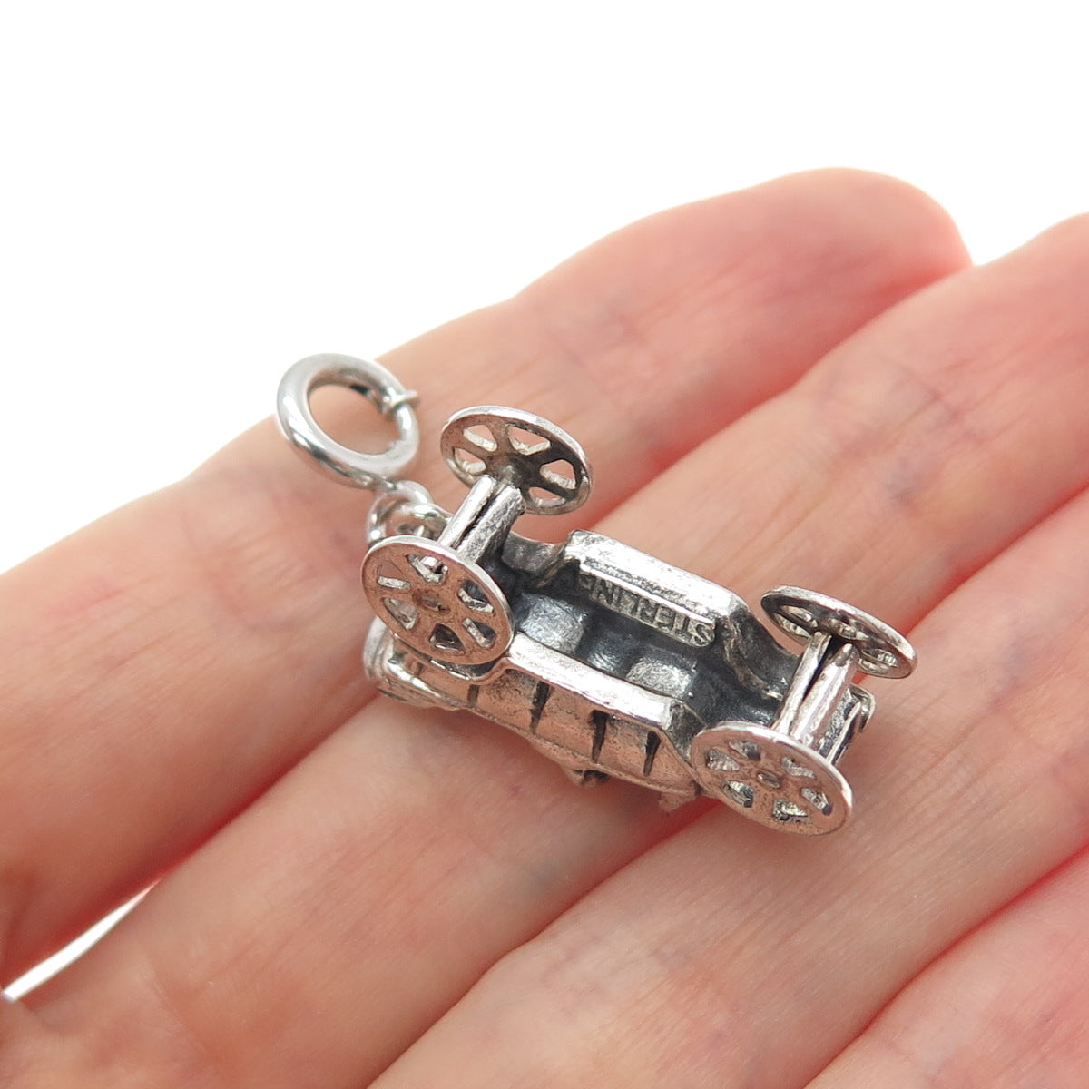 925 Sterling Vintage Carriage Car Spring Ring Lock Oxidized Movable 3D Pendant
