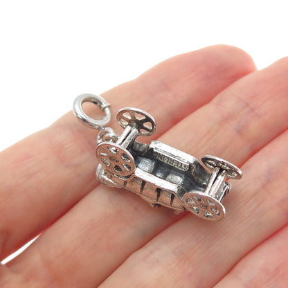 925 Sterling Vintage Carriage Car Spring Ring Lock Oxidized Movable 3D Pendant