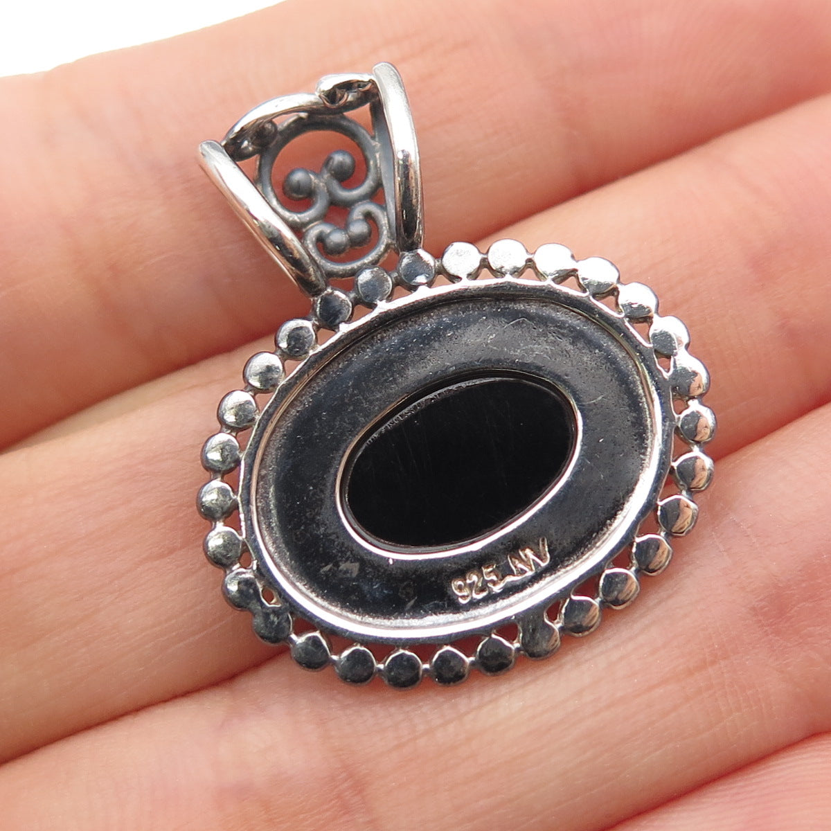 NEVADA 925 Sterling Silver Vintage Real Black Onyx Oxidized Charm Pendant