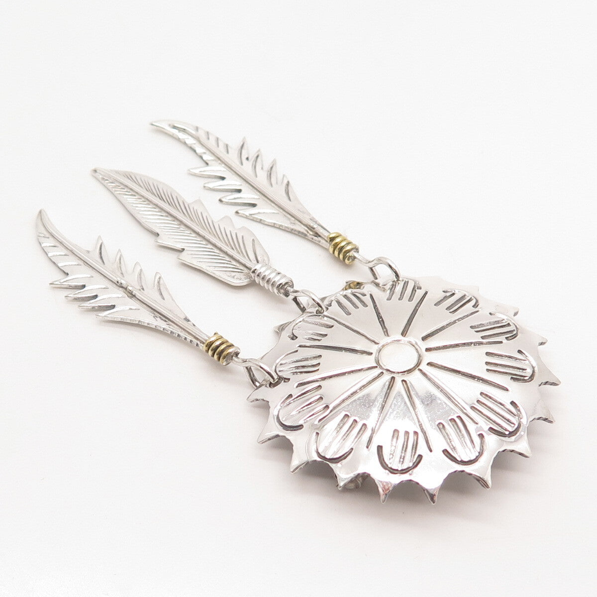 925 Sterling Silver 2-Tone Vintage Mexico Concho Feather Pin Brooch