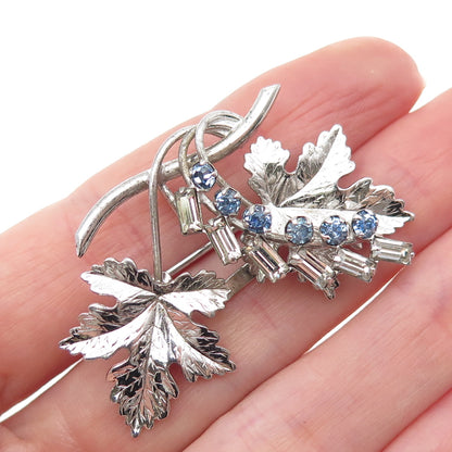 CARL ART Sterling Silver Antique Art Deco Blue & White Rhinestone Floral Brooch