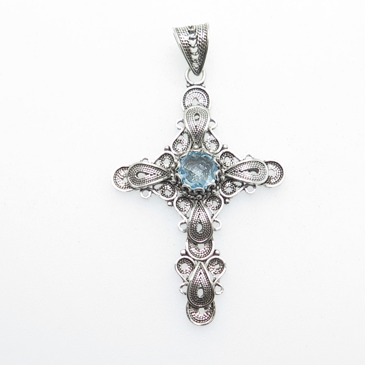 925 Sterling Silver Vintage Turkey Blue Topaz Gemstone Filigree Cross Pendant