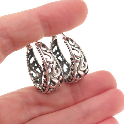 Annika Witt 925 Sterling Silver Vintage Floral Scroll Oxidized Hoop Earrings