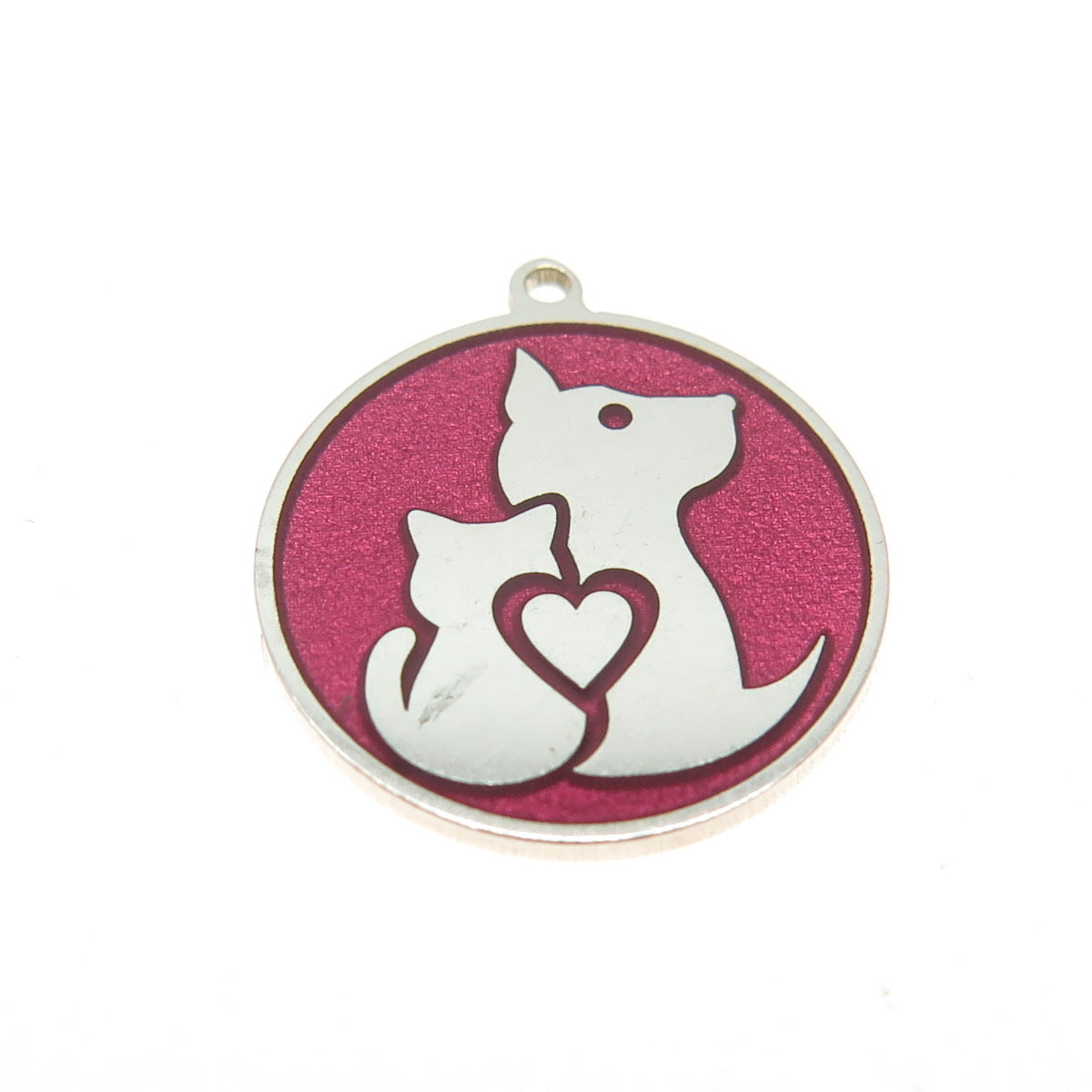 Tokemoti 925 Sterling Silver Pink Enamel Cat & Dog Round Tag Minimalist Pendant