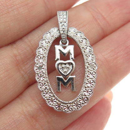 925 Sterling Silver Real Round-Cut Diamond Accent "MOM" Pendant