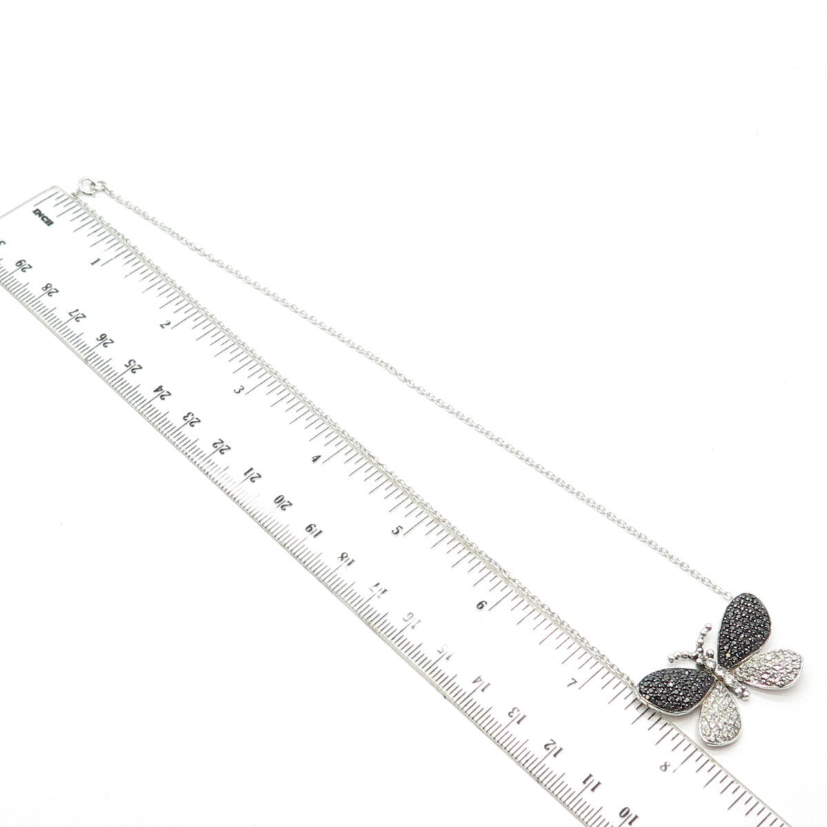 925 Sterling Silver Real Black Spinel Gem & C Z Butterfly Chain Necklace 16"