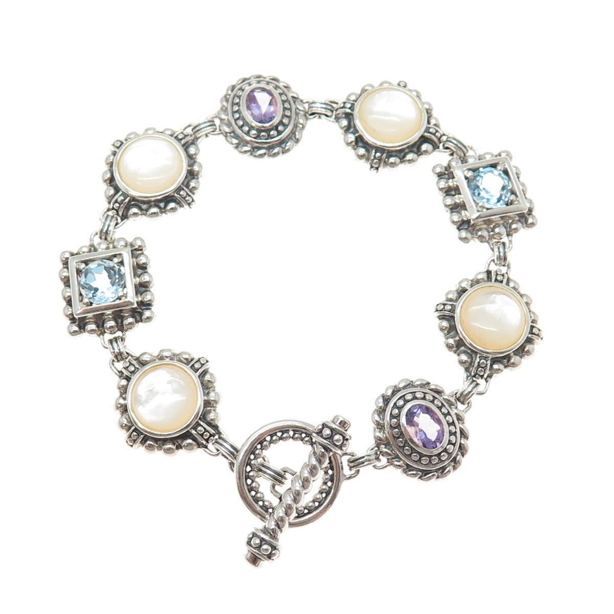 925 Sterling Silver Vintage Real Blue Topaz Amethyst & MOP Bracelet 7.5"