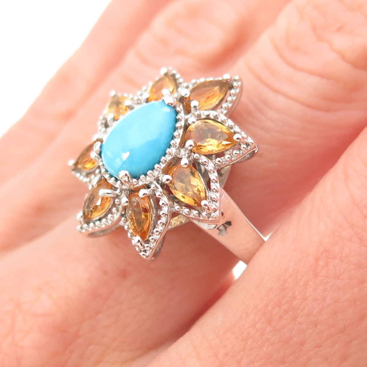 Chuck Clemency 925 Sterling Silver Real Turquoise Citrine Floral Ring Size 8.25
