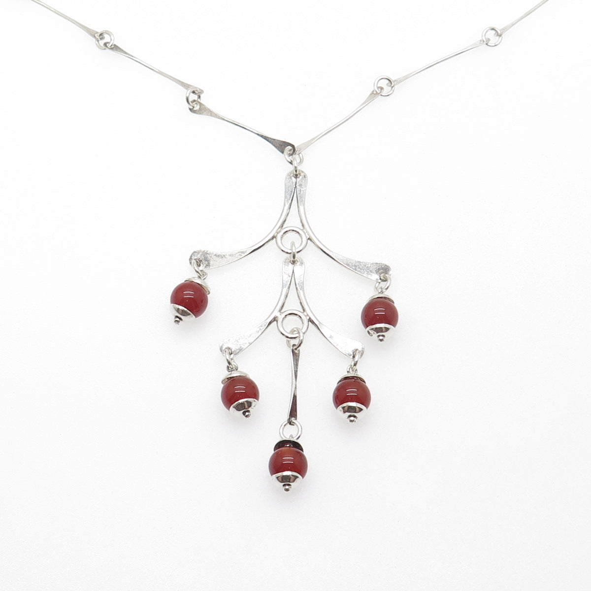 925 Sterling Silver Vintage Real Carnelian Modernist Chain Necklace 16"