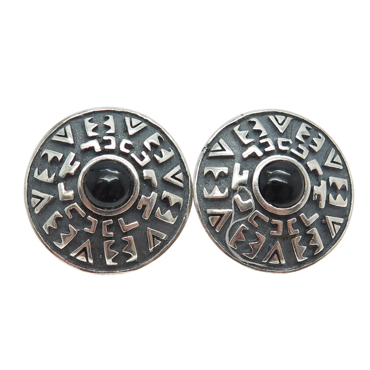 925 Sterling Silver Vintage Real Black Onyx Aztec Symbols Round Earrings