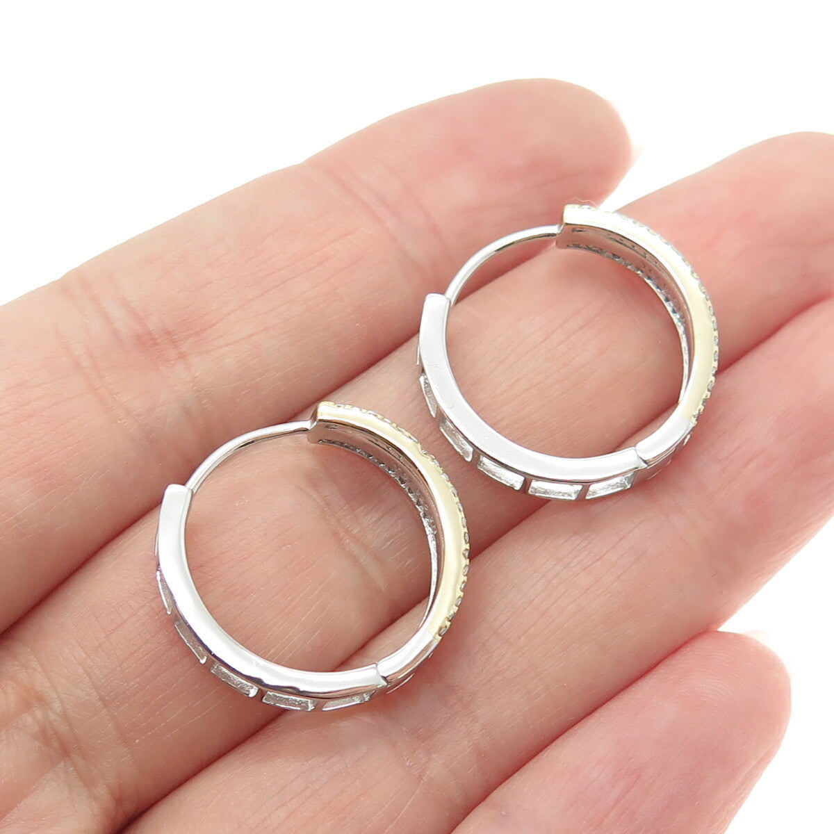 925 Sterling Silver 2-Tone Round-Cut Shaped C Z Huggie Earrings