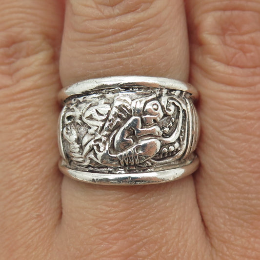 925 Sterling Silver Vintage Tribal Monkey Oxidized Ring Size 8.5