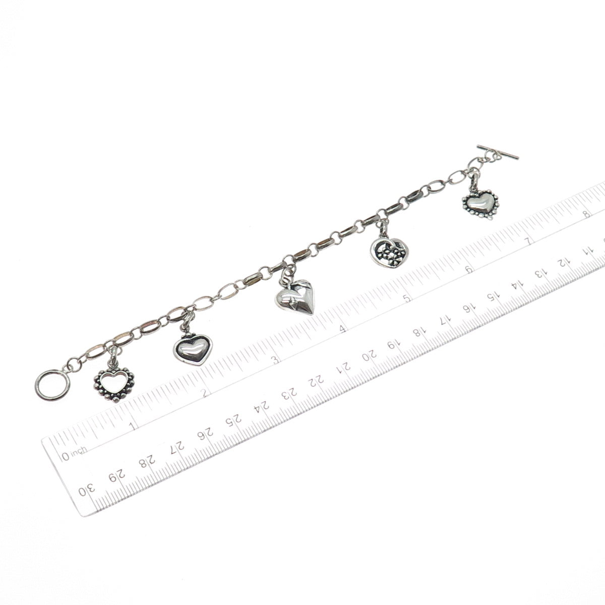 925 Sterling Silver Vintage Heart 5-Charm Oxidized Bracelet 7"