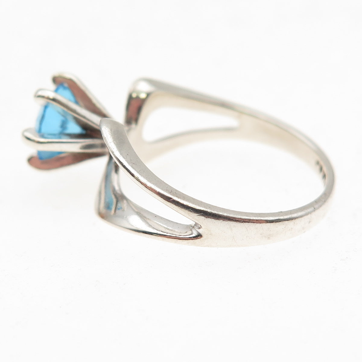 925 Sterling Silver Vintage Real Round-Cut Blue Topaz Modernist Ring Size 7