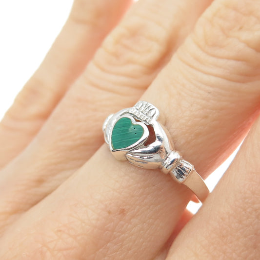 925 Sterling Silver Vintage Real Malachite Irish Claddagh Ring Size 7.25