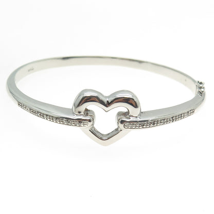 925 Sterling Silver Real Round-Cut Diamond Heart Bangle Bracelet 7.25"