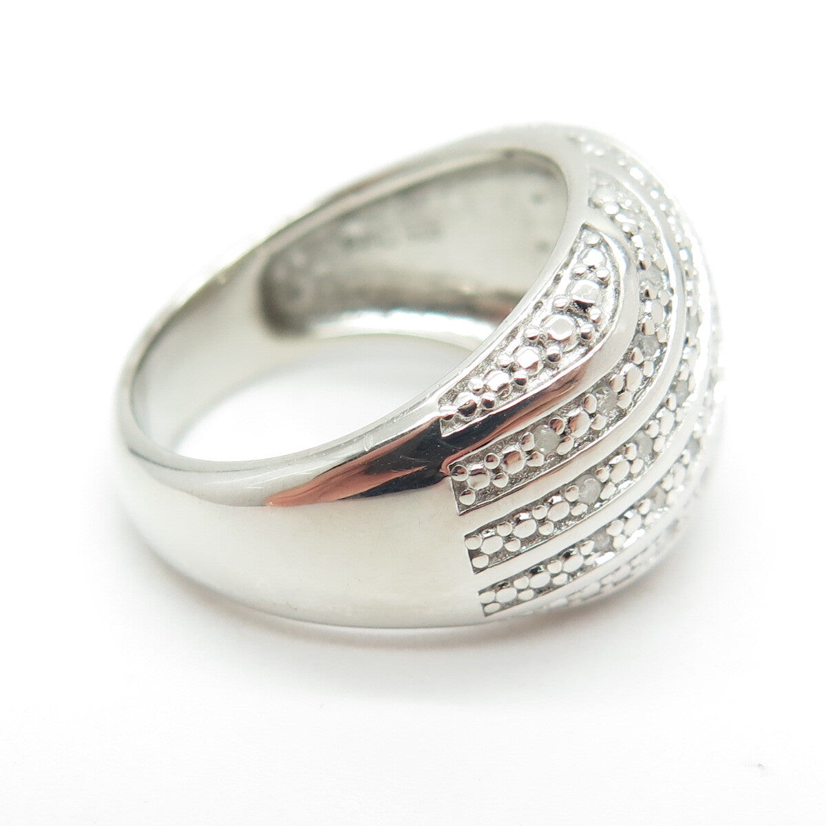 925 Sterling Silver Real Round-Cut Diamond Wavy Dome Ring Size 8