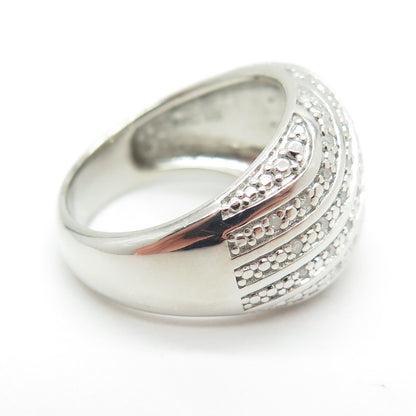 925 Sterling Silver Real Round-Cut Diamond Wavy Dome Ring Size 8