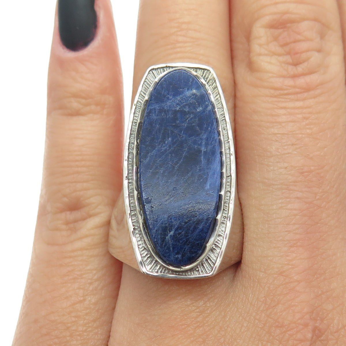 925 Sterling Silver Vintage Real Sodalite Modernist Statement Ring Size 7.5