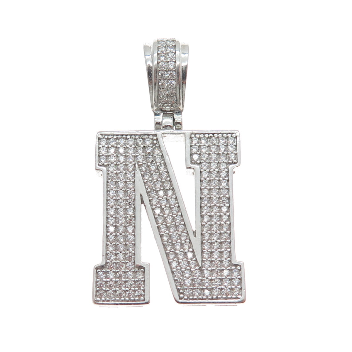 925 Sterling Silver Round-Cut Shaped C Z Letter N Initial Sparkle Pendant