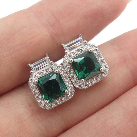 925 Sterling Silver Princess-Cut Nano Emerald & Multi-Cut C Z Earrings