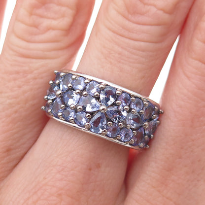 925 Sterling Silver Real Pear & Round-Cut Tanzanite Floral Ring Size 8
