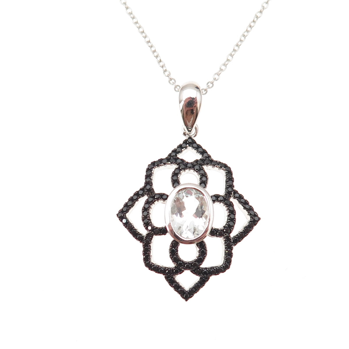 925 Sterling Silver Real Aquamarine Black Spinel Floral Cable Chain Necklace 18"